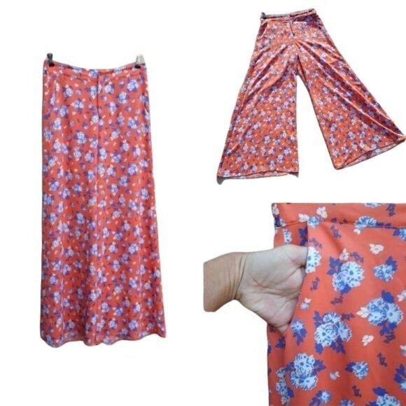 J.O.A. Retro 70's High Rise Wide Flowy Leg Micro Floral Print Orange Sz M - Picture 2 of 11